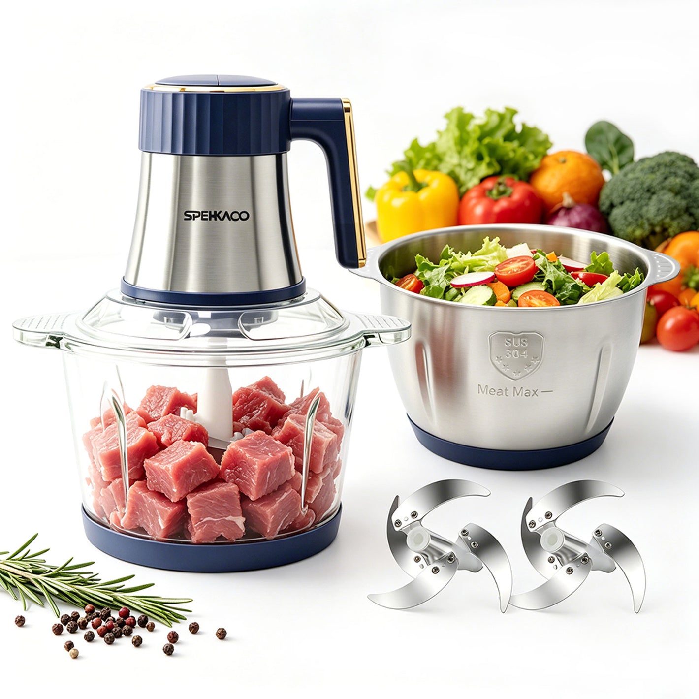 SPEHKAOO 3L食品处理器（含2个碗）– 12杯玻璃碗与不锈钢碗，500W 5档肉类绞碎机及蔬菜切碎机，电动食品切碎机，适合家庭烹饪，可处理肉类、坚果、大蒜、莎莎酱、鳄梨酱