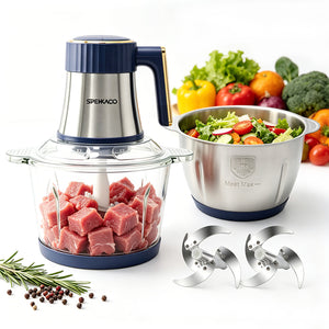 SPEHKAOO 3L食品处理器（含2个碗）– 12杯玻璃碗与不锈钢碗，500W 5档肉类绞碎机及蔬菜切碎机，电动食品切碎机，适合家庭烹饪，可处理肉类、坚果、大蒜、莎莎酱、鳄梨酱