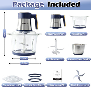 SPEHKAOO 3L食品处理器（含2个碗）– 12杯玻璃碗与不锈钢碗，500W 5档肉类绞碎机及蔬菜切碎机，电动食品切碎机，适合家庭烹饪，可处理肉类、坚果、大蒜、莎莎酱、鳄梨酱