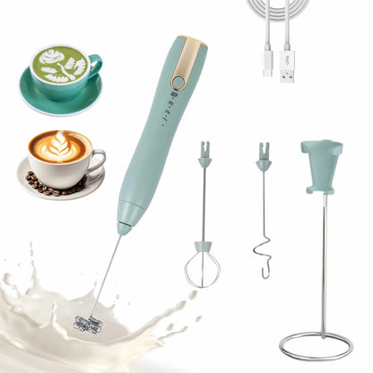 可充电手持式奶泡器，厨房必备手持搅拌器，配有3个不锈钢搅拌头，电动打蛋器，适用于拿铁、卡布奇诺、玛奇朵、抹茶、鸡蛋、奶粉，带支架