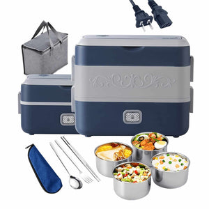 成人电热饭盒，200瓦加热午餐盒，2.4升（10杯）不锈钢电热食物保温器，4个碗双层快速加热饭盒，适用于办公室/家庭