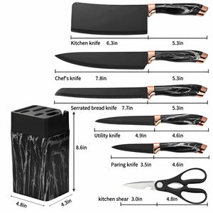 厨房刀具套装，7件套，带磨刀器，锻造刀具，锋利不锈钢刀片，防锈厨房刀座套装，符合人体工程学设计